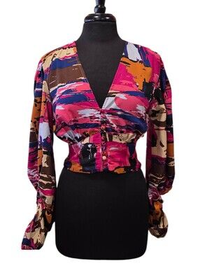 Wishing Waves Abstract Print V-Neck Barbie Boho Babe Crop Blouse - Pink Multi